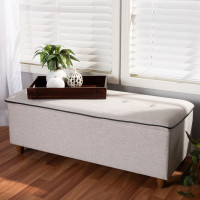 Baxton Studio BBT3156-Greyish Beige Marlisa Mid-Century Modern Walnut Finished Wood and Greyish Beige Fabric Upholstered Button Tufted Storage Ottoman Bench